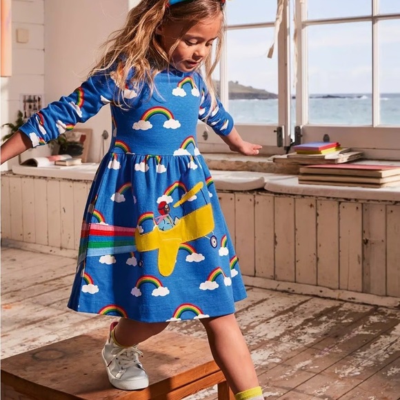 MINI BODEN APPLIQUÉ AIRPLANE RAINBOW LONG SLEEVE DRESS - BLUE & MULTICOLOR 6/7Y